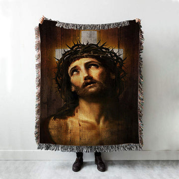 Jesus With Crown Of Thorns White Cross Throw Blanket Woven Blanket - Jesus Portrait Woven Blanket Prints - Christian Throw Blanket