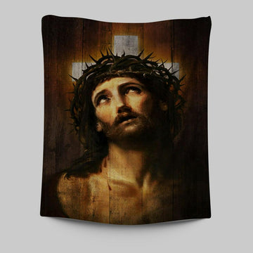 Jesus With Crown Of Thorns White Cross Wall Art Tapestry - Jesus Portrait Tapestry Prints - Christian Wall Art