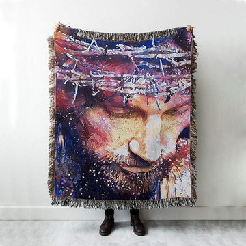 Jesus With Crown Of Thorns Woven Blanket Prints - Jesus Christ Woven Blanket Art - Christian Boho Blanket