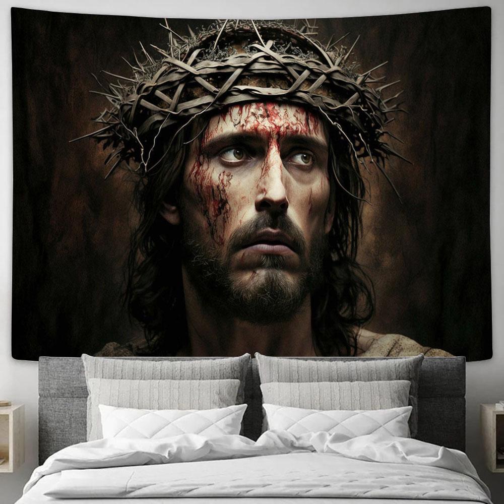 Jesus With Crown Thorns Easter Crucification Resurrection Tapestry Pictures - Faith Art - Christian Tapestry Wall Art Decor