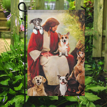 Jesus With Dog, Jesus Garden Flag, Dog Lover Flag, Garden Flag, Decorative Flag, Welcome Flag, Gift For Jesus Dog Lover, Christian Flag