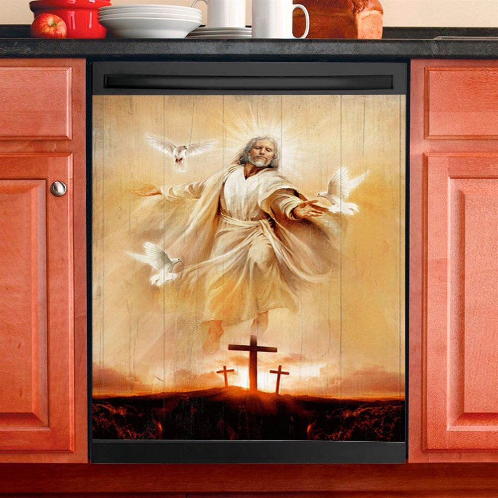 Jesus With Dove Sunset Wooden Cross Dishwasher Cover, Christian Dishwasher Wrap, Bible Verse Kitchen Decoration
