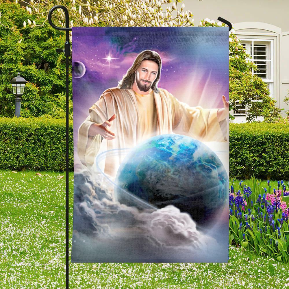 Jesus With Earth, Jesus Holding Earth, God Has The Whole World In His Hands, Jesus Flag, Garden Flag, Welcome Flag, Christian Flag, Scripture Flag
