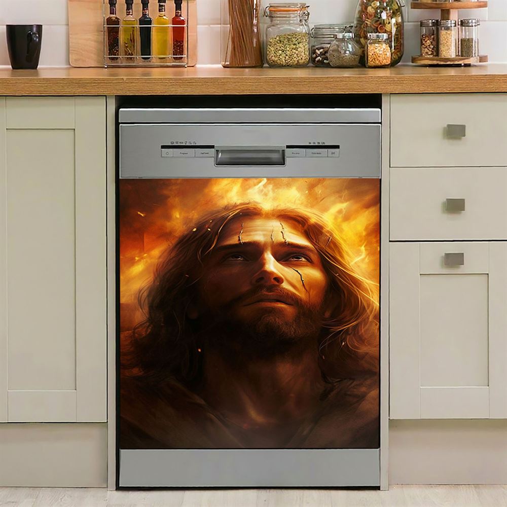 Jesus With Fire Dishwasher Cover, Jesus Dishwasher Wrap, Christian Kitchen Decoration