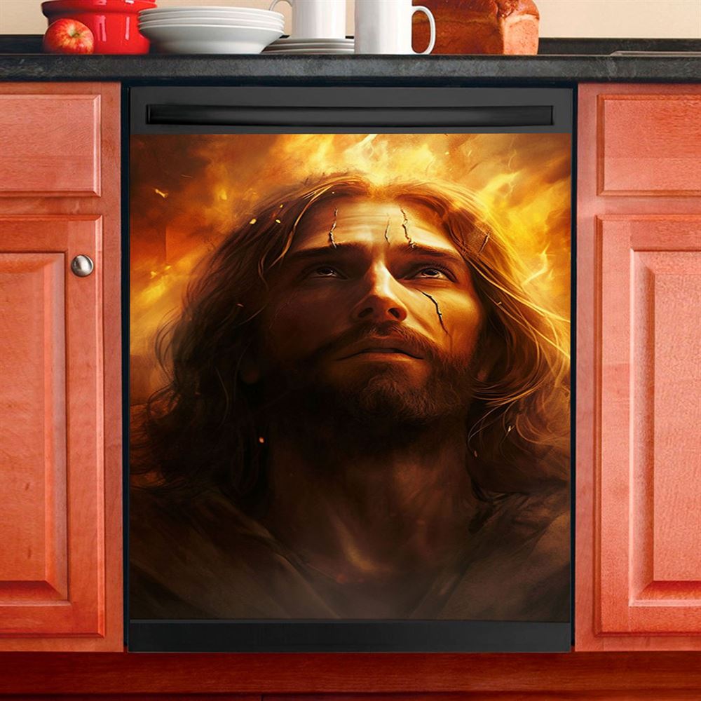 Jesus With Fire Dishwasher Cover, Jesus Dishwasher Wrap, Christian Kitchen Decoration