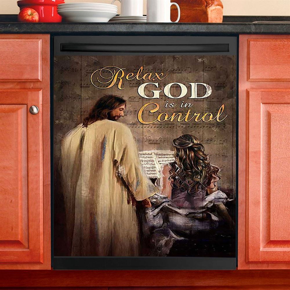Jesus With Girl God Is In Control Dishwasher Cover, Jesus Portrait Dishwasher Wrap, Christian Kitchen Decoration