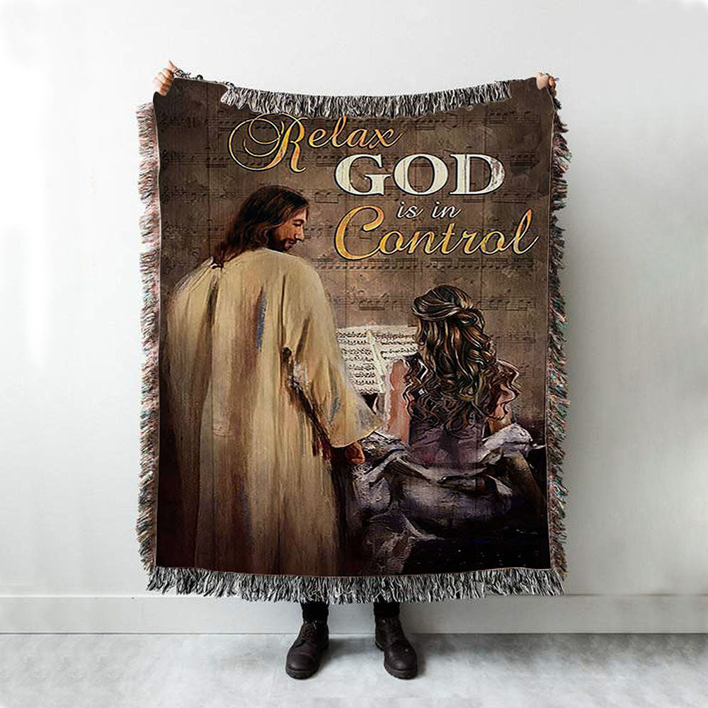 Jesus With Girl God Is In Control Throw Blanket Woven Blanket - Jesus Portrait Woven Blanket Prints - Christian Throw Blanket