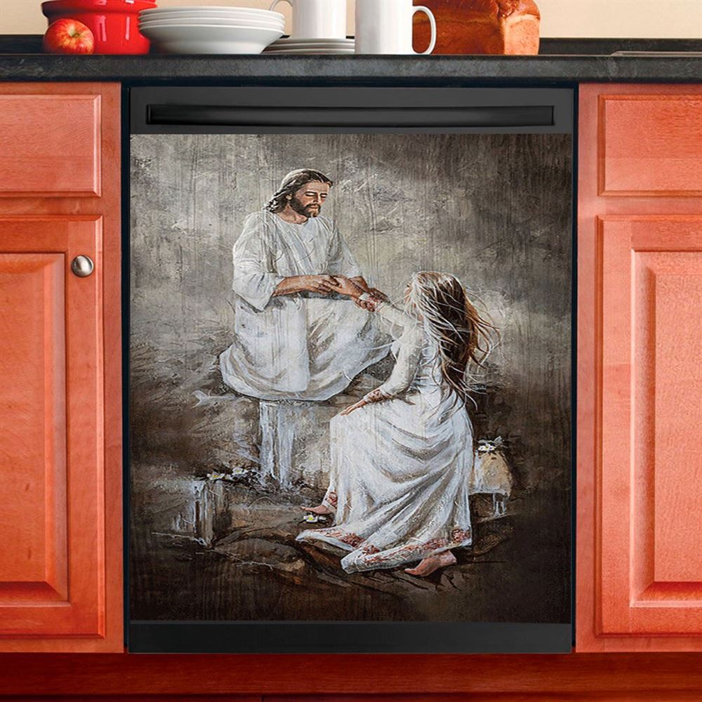 Jesus With Girl Walking With Jesus Dishwasher Cover, Jesus Portrait Dishwasher Wrap, Christian Kitchen Decoration