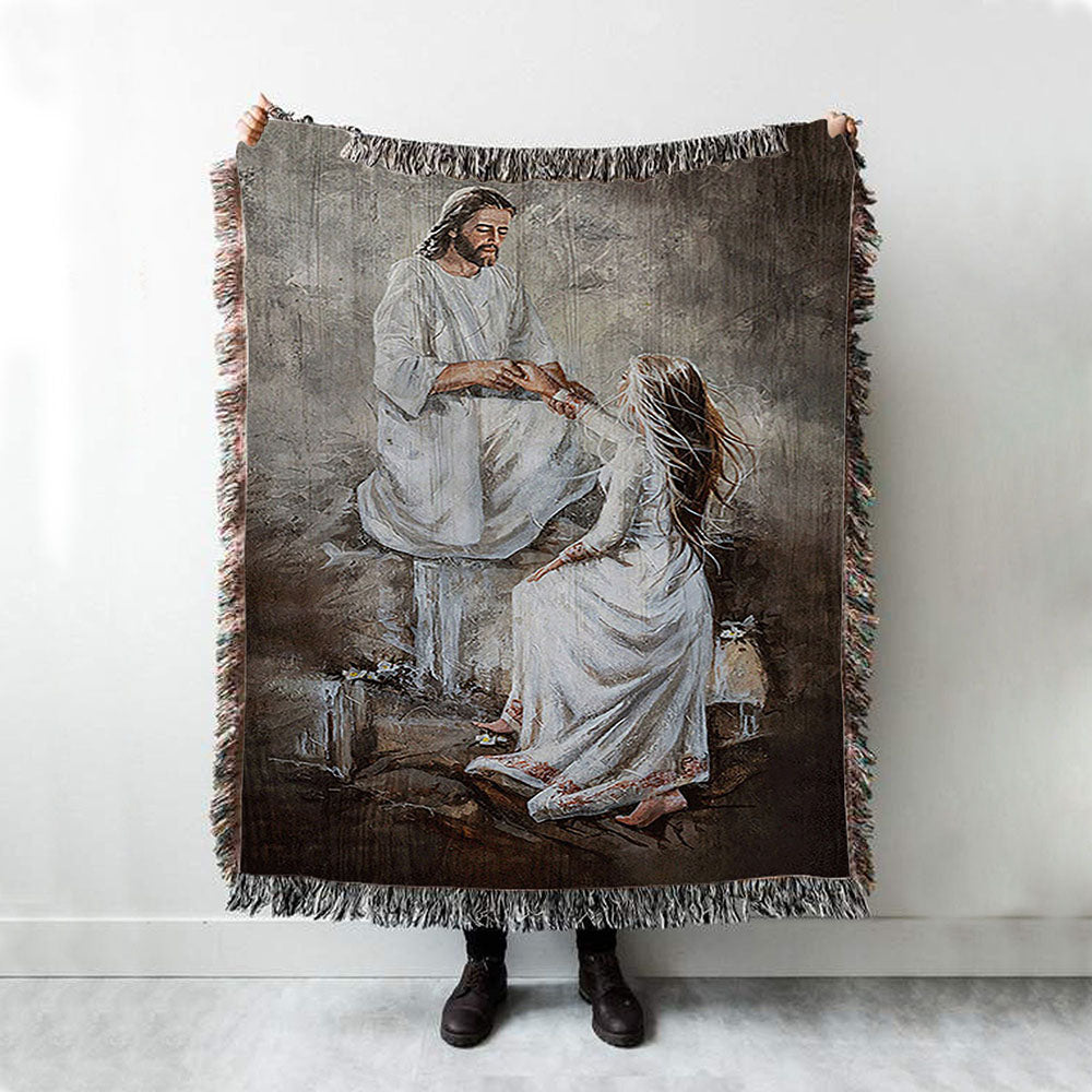 Jesus With Girl Walking With Jesus Throw Blanket Woven Blanket - Jesus Portrait Woven Blanket Prints - Christian Throw Blanket