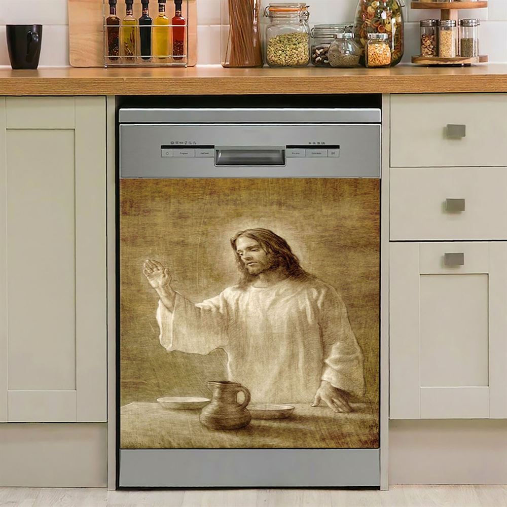 Jesus With His Hand Up Painting Dishwasher Cover, In Remembrance Dishwasher Wrap, Christian Kitchen Decoration