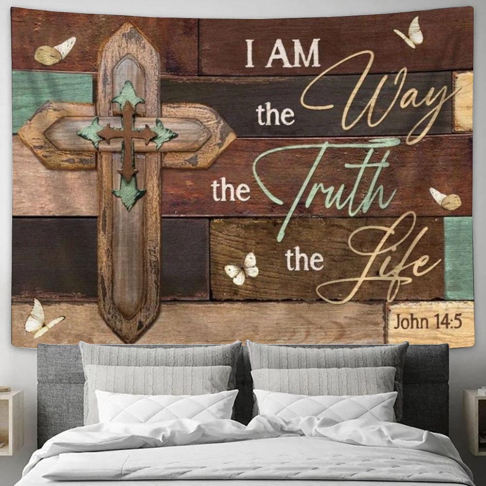 Jesus Wooden Cross I Am The Way The Truth The Life Tapestry, Tapestries for Living Room Bedroom