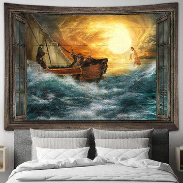 Jesus guides us through storm Tapestry Wall Art - Bible Verse Tapestry - Religious Tapestry Wall Hanging