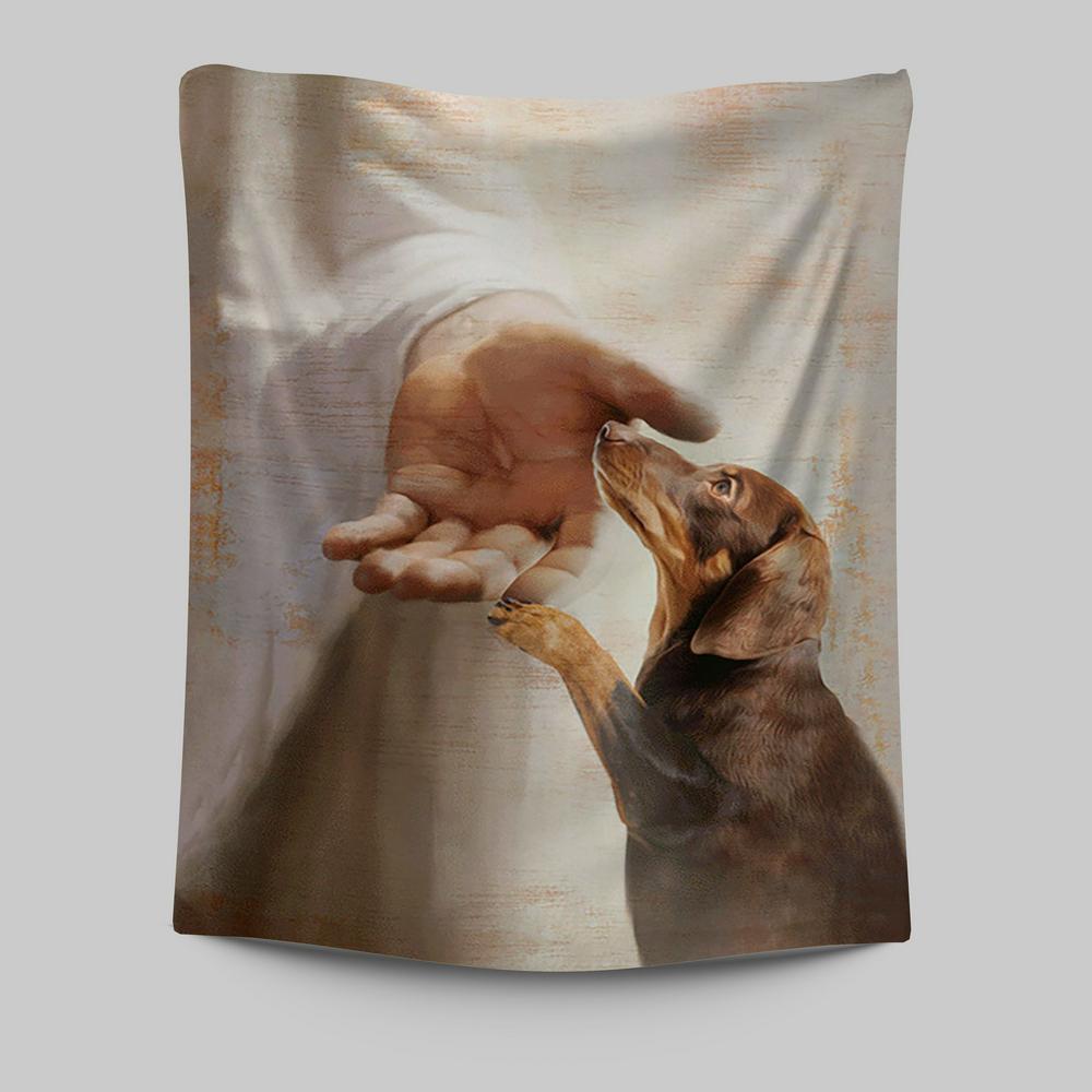 Jesus&#39;s Hand Dachshund Dog Tapestry Wall Decor - Christian Wall Art - Gift For Dog Lover