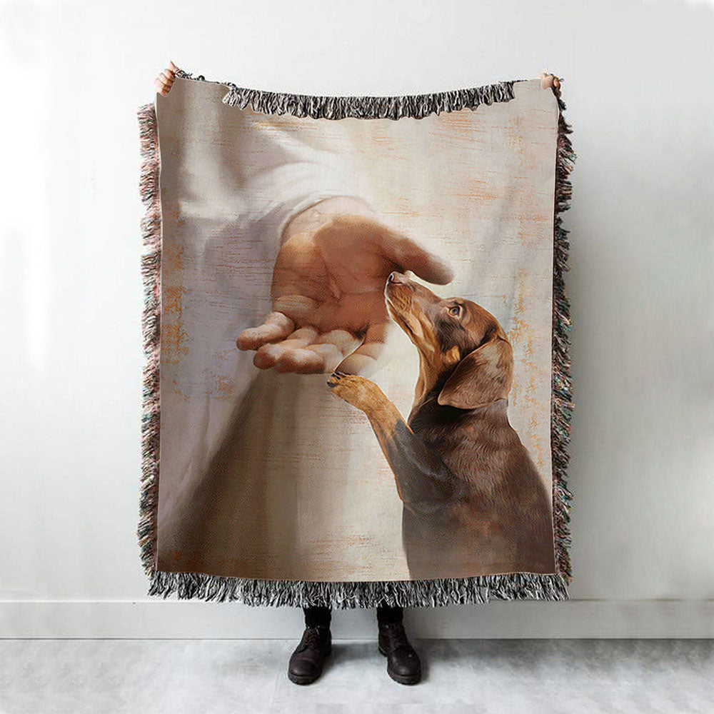 Jesus&#39;s Hand Dachshund Dog Woven Boho Blanket - Christian Throw Blanket - Gift For Dog Lover