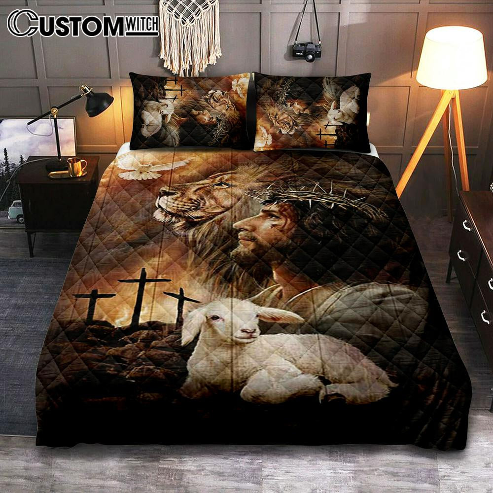 Jeus Lion Of Judah Lamb Of God Dove Of Peace Bedroom Quilt Bedding Set - Jesus Portrait Quilt Bedding Set Prints - Christian Bedroom