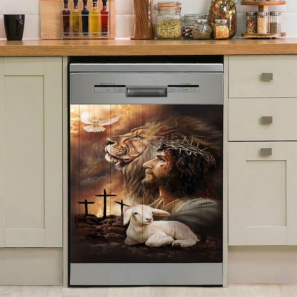 Jeus Lion Of Judah Lamb Of God Dove Of Peace Dishwasher Cover, Jesus Portrait Dishwasher Wrap, Christian Kitchen Decoration