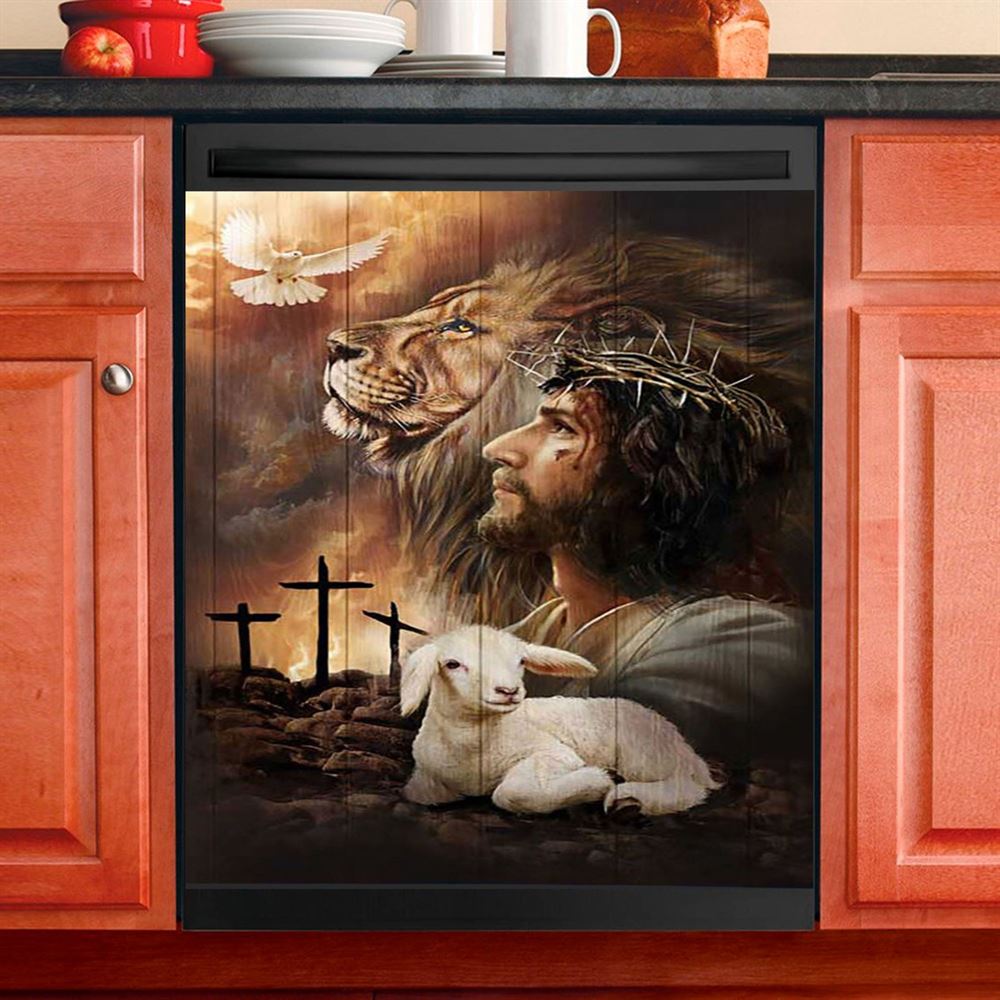 Jeus Lion Of Judah Lamb Of God Dove Of Peace Dishwasher Cover, Jesus Portrait Dishwasher Wrap, Christian Kitchen Decoration