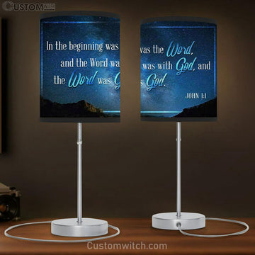 John 11 In The Beginning Was The Word Table Lamp Print - Bible Verse Lamp Gift - Christian Bedroom Decor