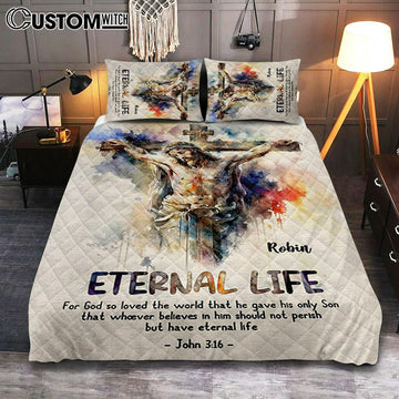 John 316 For God So Loved The World Personalized Quilt Bedding Set Bedroom - Christian Quilt Bedding Set Prints - Bible Verse Gift For Women Of God