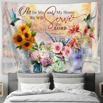 Joshua 2415 Kjv Floral Hummingbird Tapestry Wall Art - Christian Wall Decor