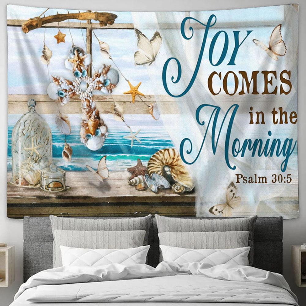 Joy Comes In The Morning Beach Seashell Cross Butterfly Large Tapestry - Christian Tapestry Prints - Religious Tapestry Art