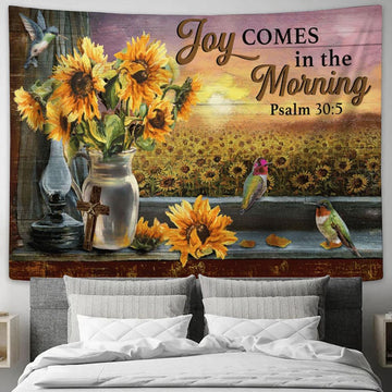 Joy Comes In The Morning Sunflower Hummingbird Large Tapestry - Christian Tapestry Prints - Religious Tapestry Art