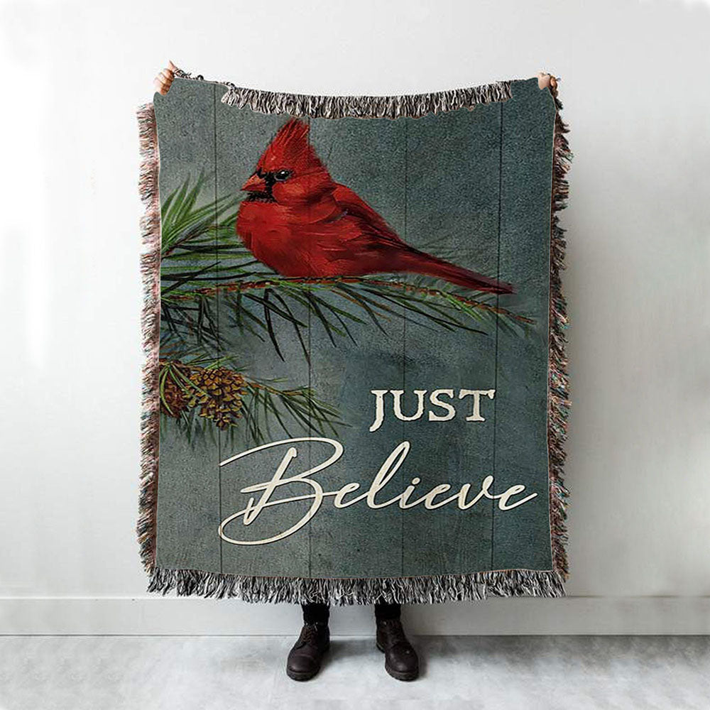 Just Believe Pretty Cardinal Pine Cone Tree Throw Blanket Woven Blanket - Bible Verse Woven Blanket Art - Christian Throw Blanket Home Decor