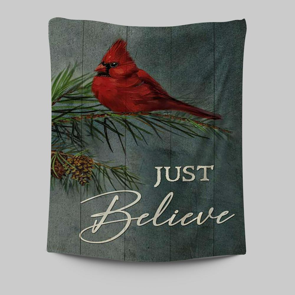 Just Believe Pretty Cardinal Pine Cone Tree Wall Art Tapestry - Bible Verse Tapestry Art - Christian Wall Art Home Decor