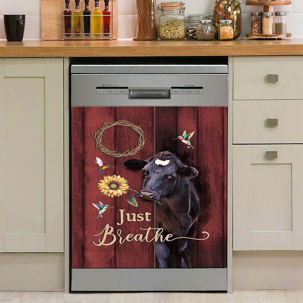 Just Breath Angus Cow Sunflower Dishwasher Cover, Christian Dishwasher Wrap, Bible Verse Kitchen Decoration
