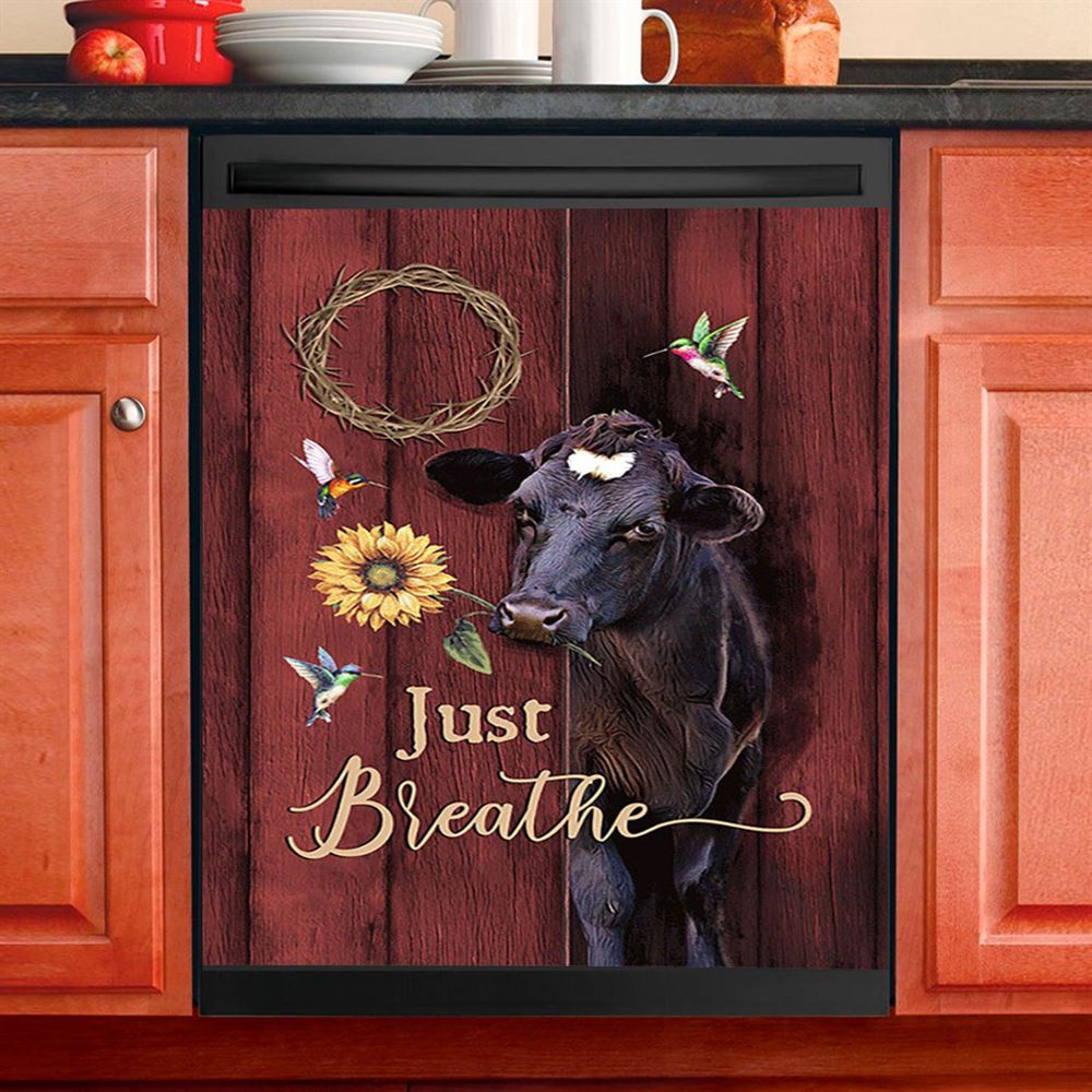 Just Breath Angus Cow Sunflower Dishwasher Cover, Christian Dishwasher Wrap, Bible Verse Kitchen Decoration