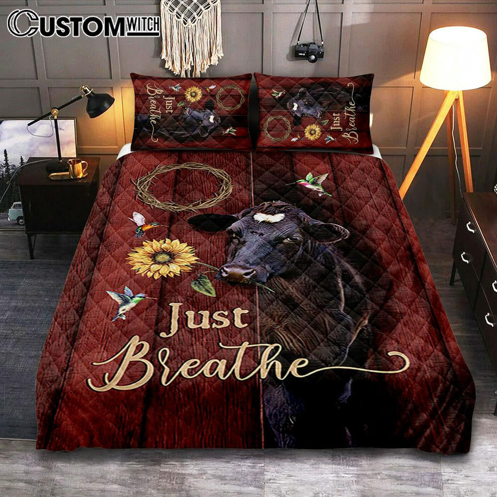 Just Breath Angus Cow Sunflower Quilt Bedding Set Bedroom - Christian Quilt Bedding Set Prints - Bible Verse Quilt Bedding Set Art