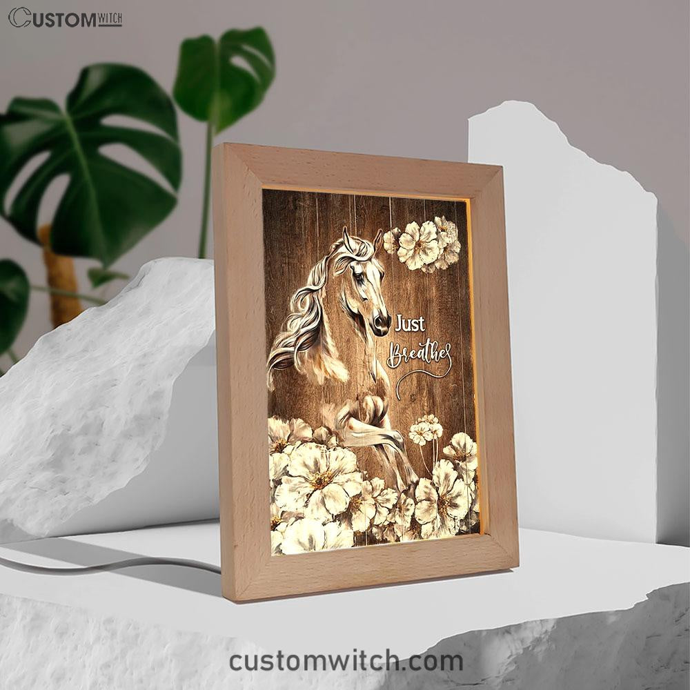 Just Breath Horse Beautiful White Flower Art Frame Lamp - Bible Verse Wooden Lamp - Christian Art Home Decor