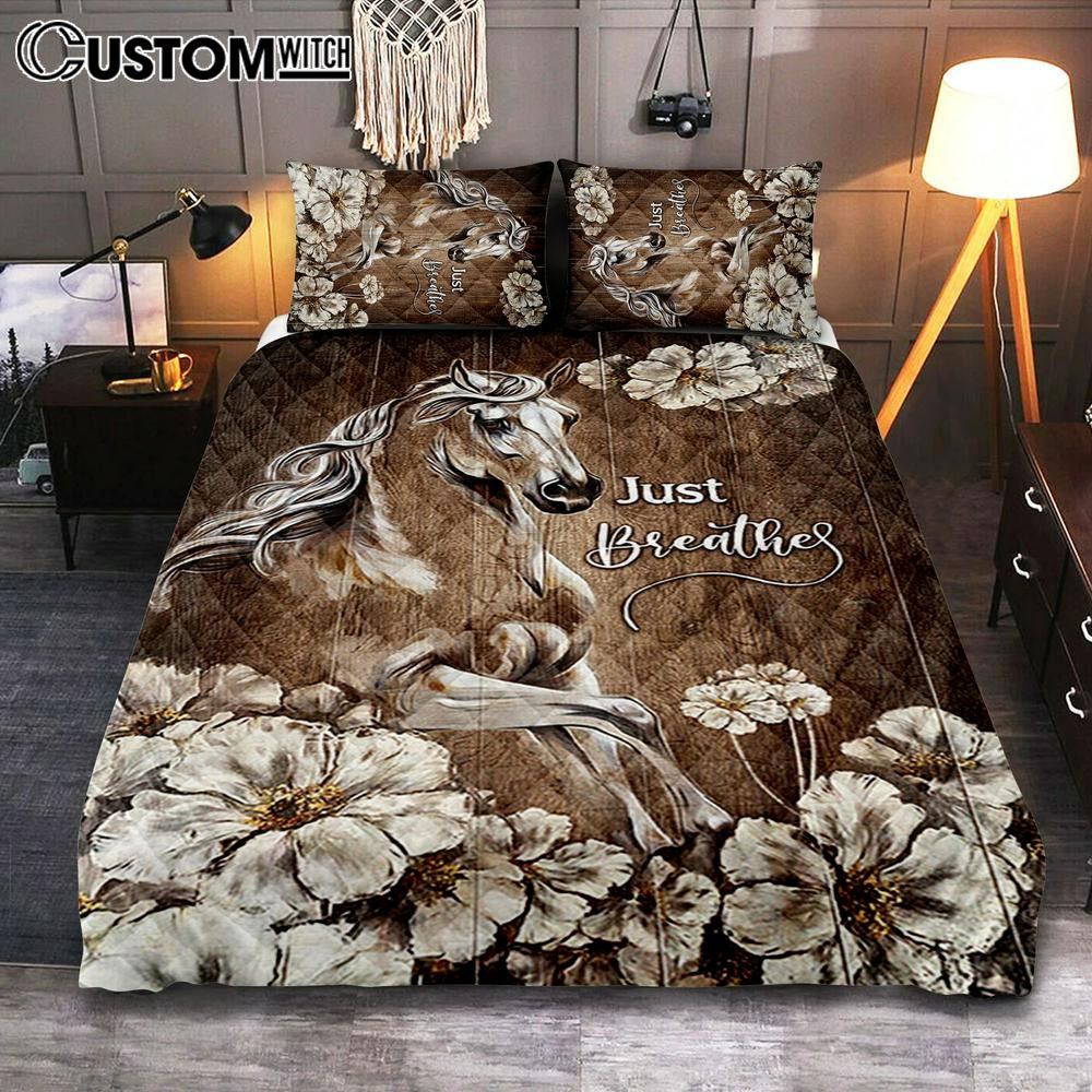 Just Breath Horse Beautiful White Flower Bedroom Quilt Bedding Set - Bible Verse Quilt Bedding Set Art - Christian Bedroom Home Decor