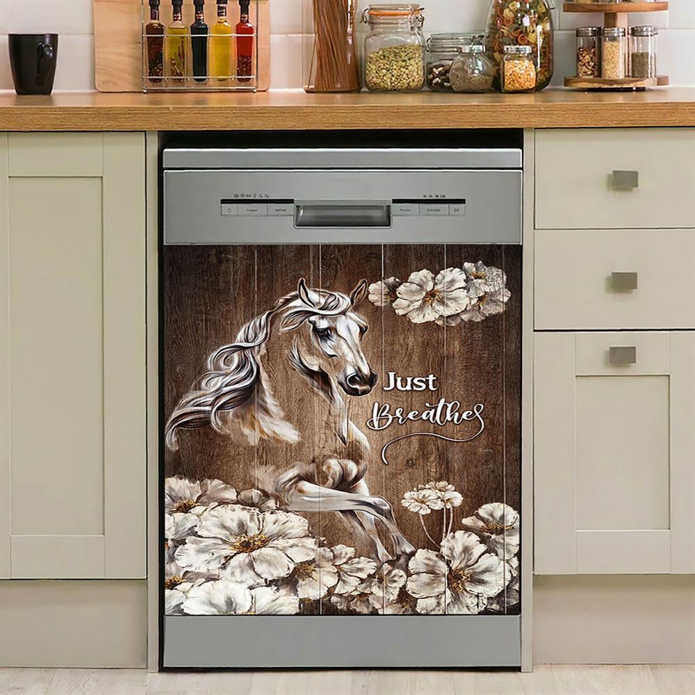 Just Breath Horse Beautiful White Flower Dishwasher Cover, Bible Verse Dishwasher Wrap, Christian Kitchen Decoration