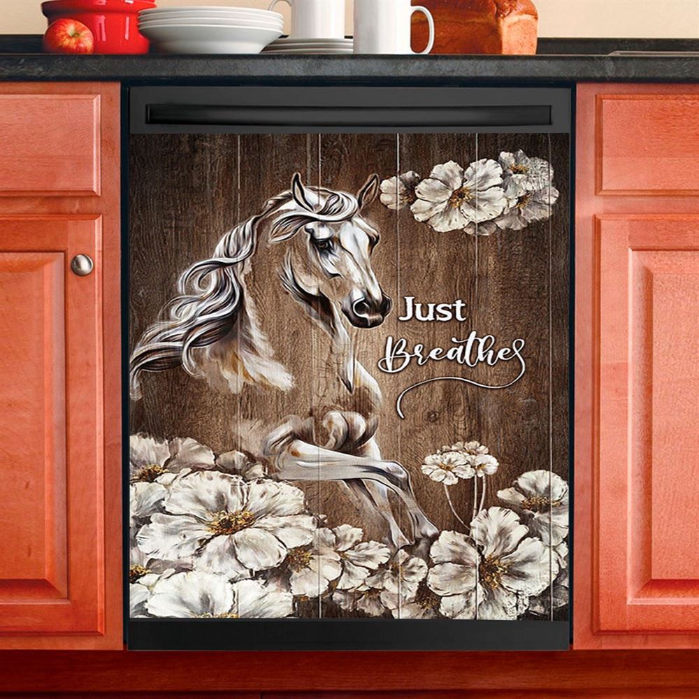 Just Breath Horse Beautiful White Flower Dishwasher Cover, Bible Verse Dishwasher Wrap, Christian Kitchen Decoration