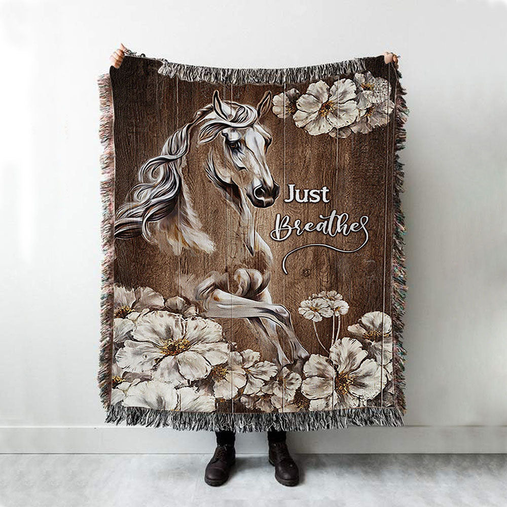 Just Breath Horse Beautiful White Flower Throw Blanket Woven Blanket - Bible Verse Woven Blanket Art - Christian Throw Blanket Home Decor