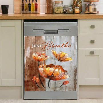 Just Breathe Anemone Flower Butterfly Dishwasher Cover, Christian Dishwasher Wrap, Bible Verse Kitchen Decoration