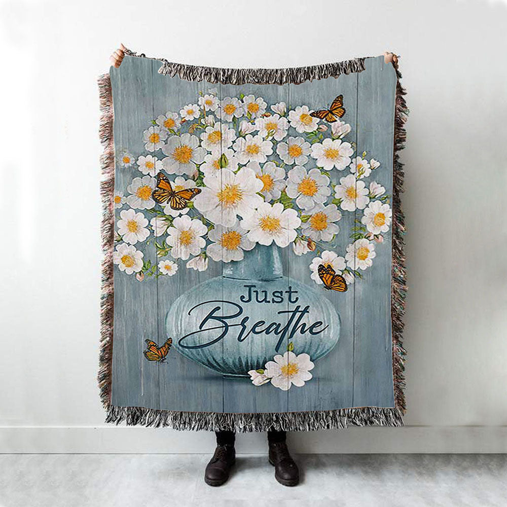 Just Breathe Apricot Blossom Monarch Butterfly Flower Woven Throw Blanket - Christian Woven Blanket Prints - Bible Verse Woven Blanket Art