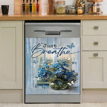 Just Breathe Blue Daisy Butterfly Dishwasher Cover, Christian Dishwasher Wrap, Religious Kitchen Decoration