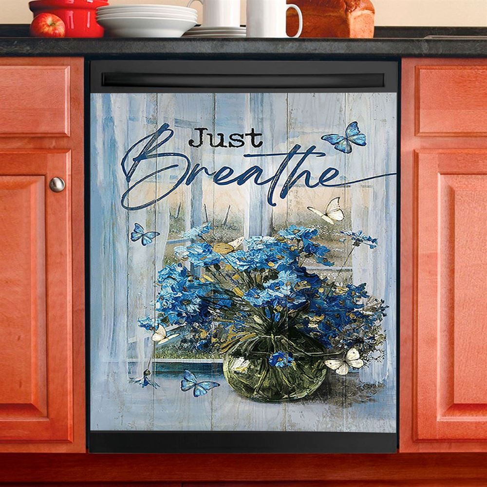 Just Breathe Blue Daisy Butterfly Dishwasher Cover, Christian Dishwasher Wrap, Religious Kitchen Decoration