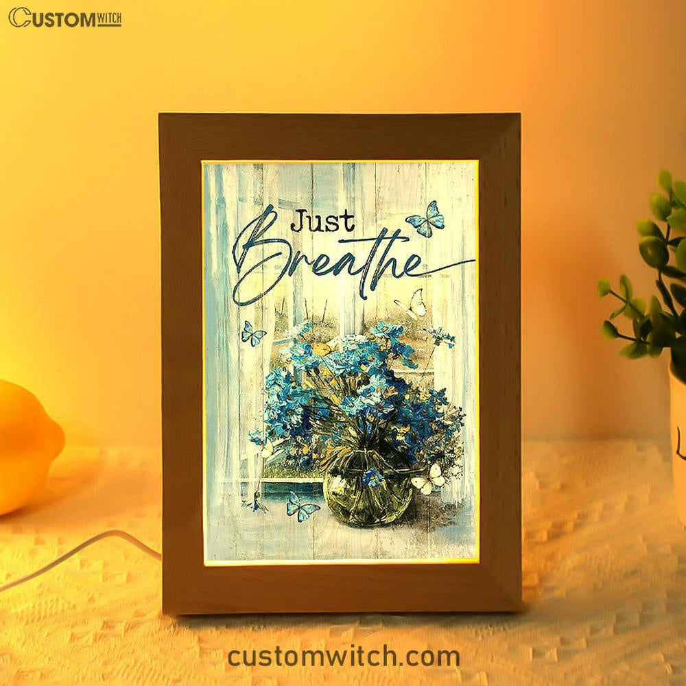 Just Breathe Blue Daisy Butterfly Frame Lamp - Christian Art - Religious Home Decor