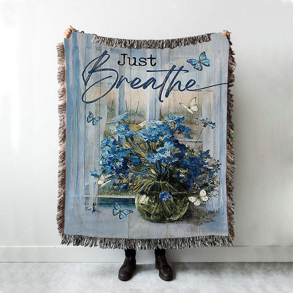 Just Breathe Blue Daisy Butterfly Woven Blanket - Christian Throw Blanket - Religious Home Decor