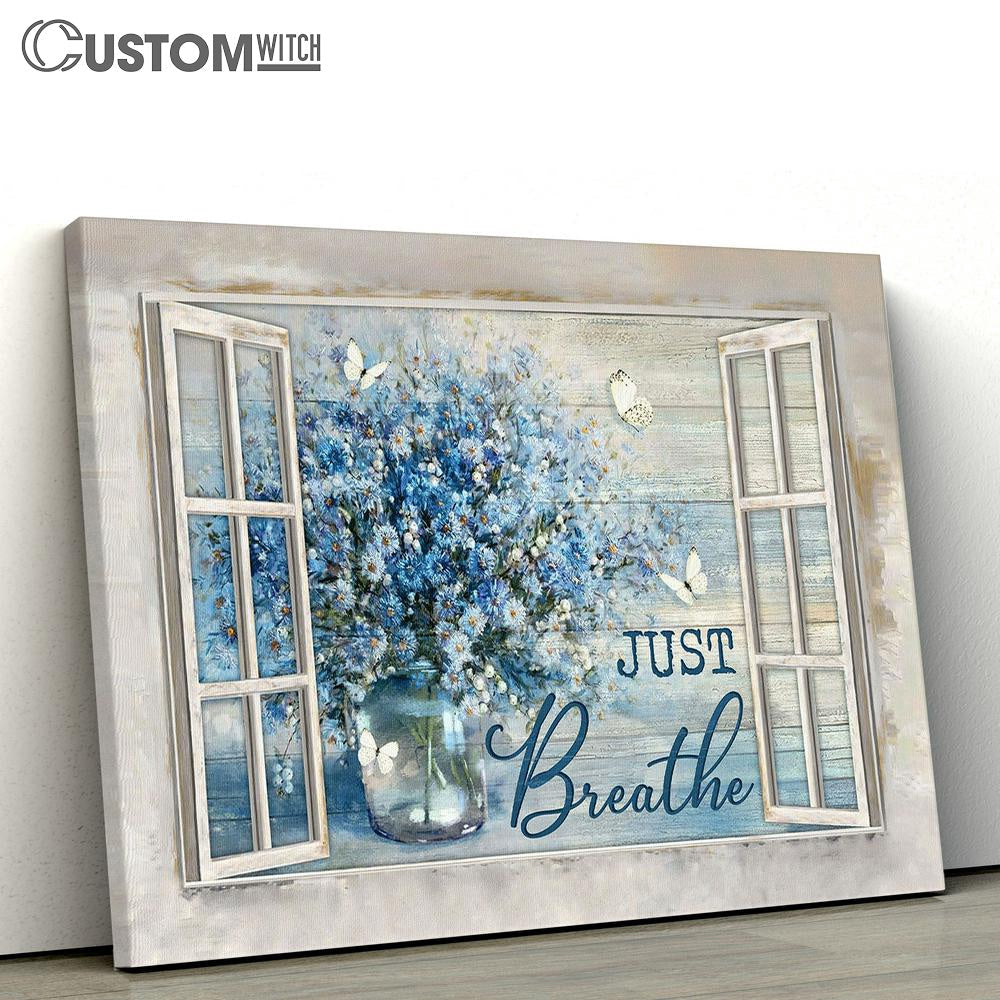 Just Breathe Blue Daisy Vase Butterfly Wall Art Canvas - Christian Wall Art - Religious Art