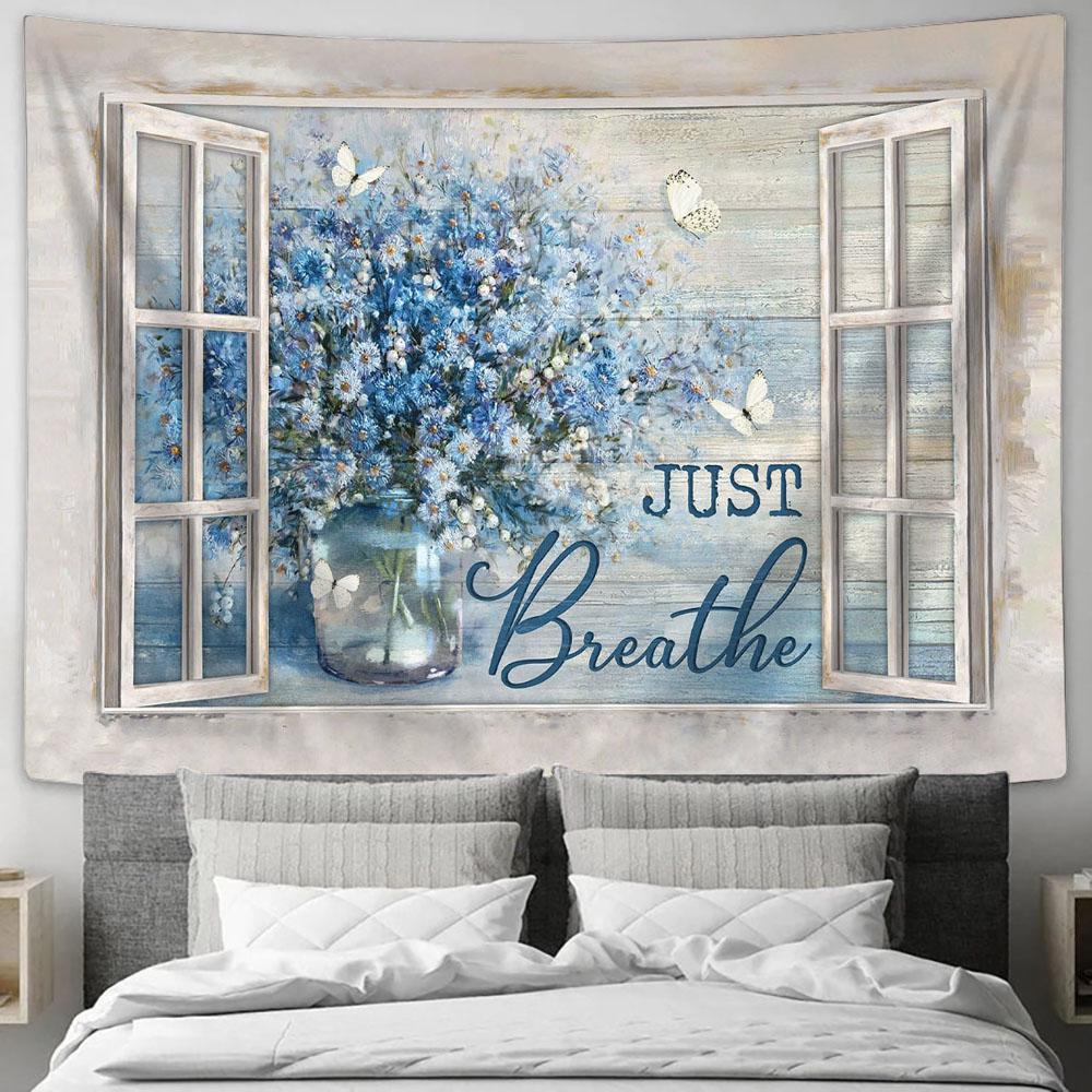 Just Breathe Blue Daisy Vase Butterfly Wall Art Tapestry - Christian Wall Art - Religious Art