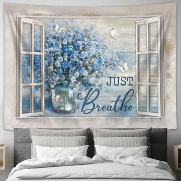 Just Breathe Blue Daisy Vase Butterfly Wall Art Tapestry - Christian Wall Art - Religious Art
