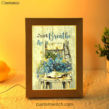 Just Breathe Blue Daisy Vase White Butterfly Frame Lamp Art - Bible Verse Wooden Lamp - Inspirational Art - Christian Home Decor