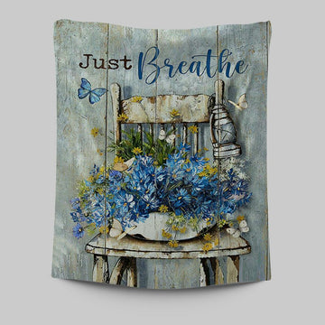 Just Breathe Blue Daisy Vase White Butterfly Tapestry Wall Art - Bible Verse Tapestry Art - Inspirational Art -  Christian Indoor Wall Tapestries