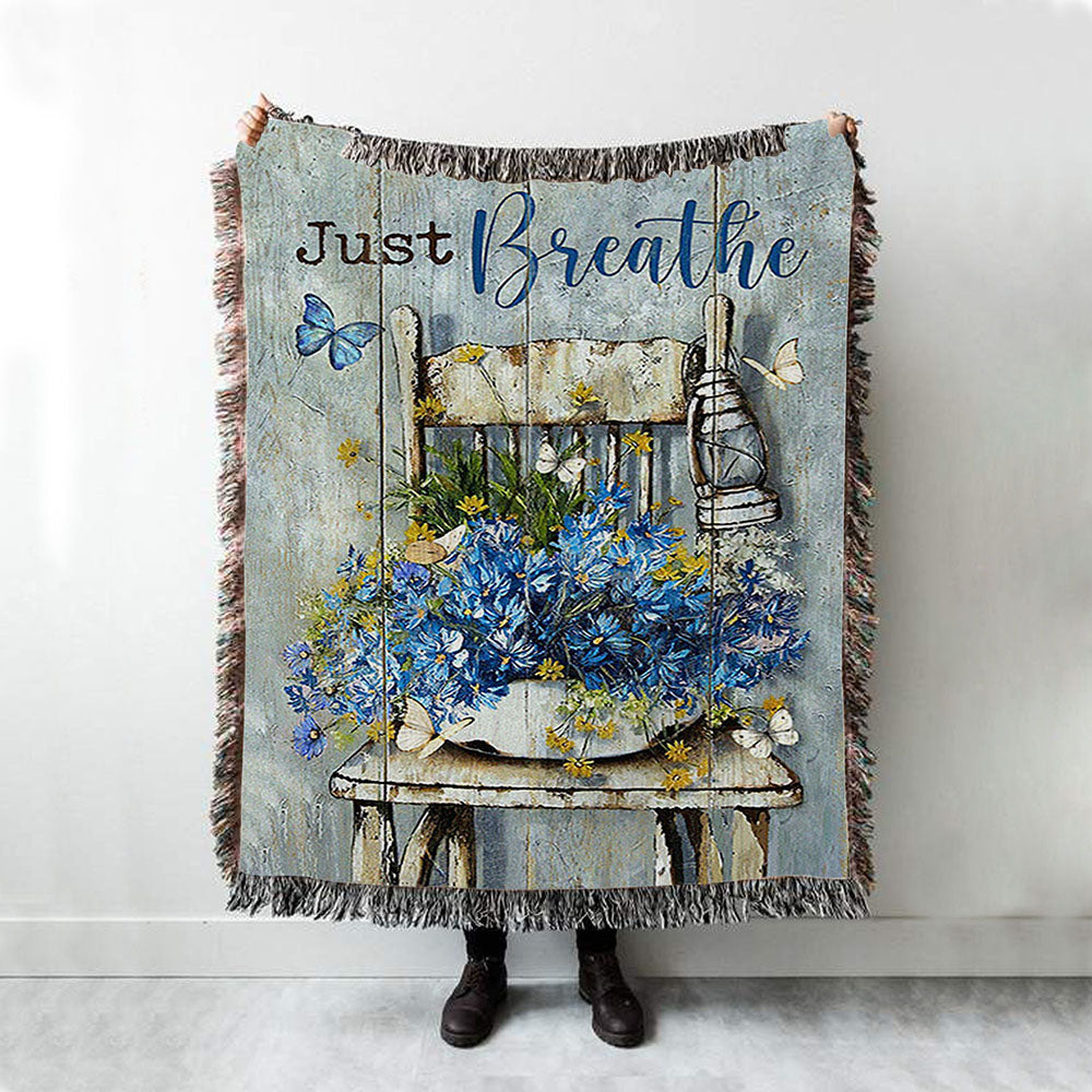Just Breathe Blue Daisy Vase White Butterfly Woven Throw Blanket - Bible Verse Woven Blanket Art - Inspirational Art - Christian Home Decor
