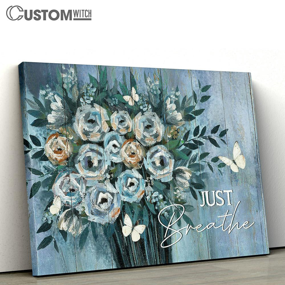 Just Breathe Blue Flower Vase White Butterfly Canvas Wall Art - Bible Verse Canvas - Religious Prints