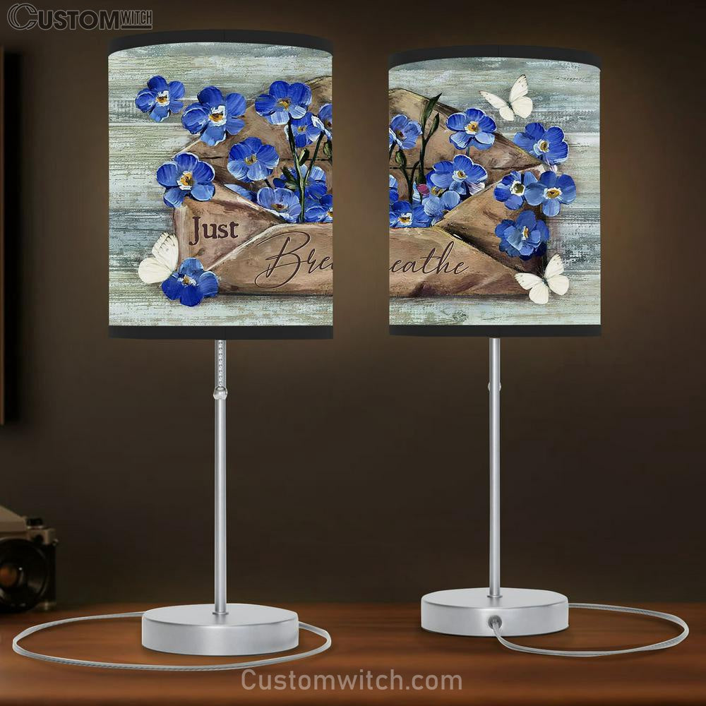 Just Breathe Blue Flower, White Butterfly Lamp Gift Table Lamp - Christian Lamp Gift - Religious Art